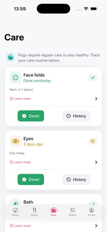 Pugify care screen showing face folds, eyes and bath status cards